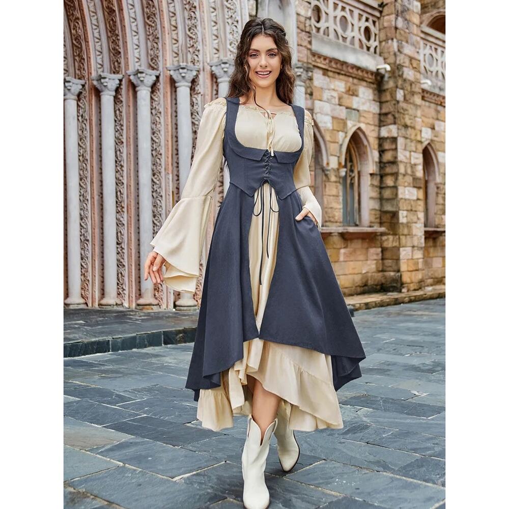 SCARLET DARKNESS Renaissance Costume U-Neck High-Lo Overdress Dusky Blue Size XL